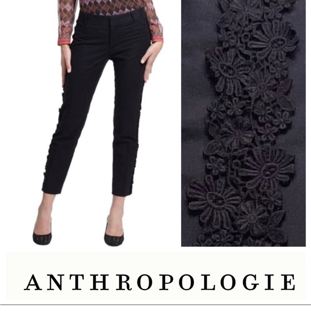 Anthropologie Womens Boho Black Elevenses Floral Lace Trim Black Trousers Size 4